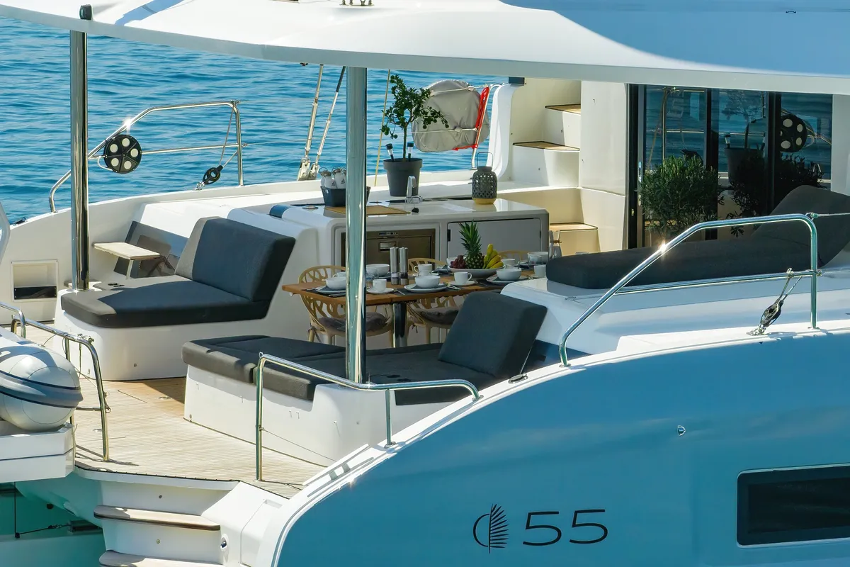 Deck of NOMAD, a Lagoon 55 catamaran at Split, Croatia