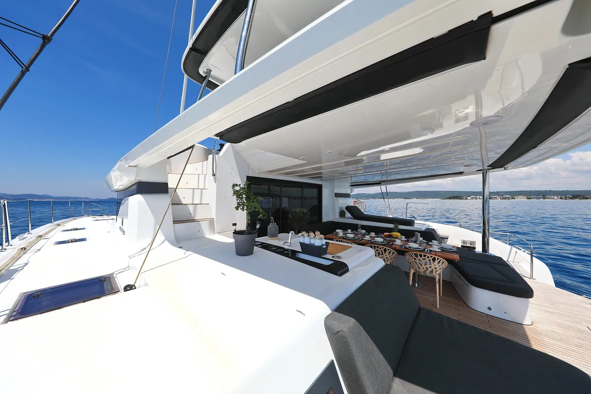 Deck of NOMAD, a Lagoon 55 catamaran at Split, Croatia