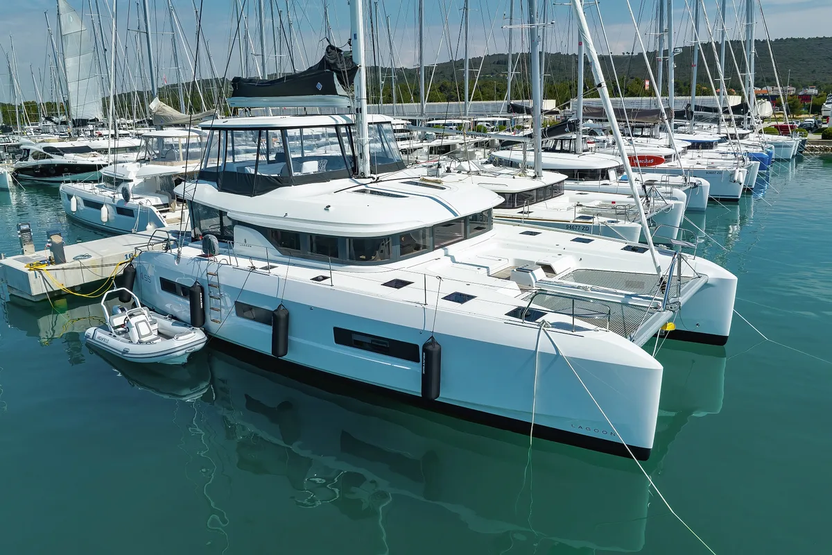 Exterior view of NOMAD, a Lagoon 55 catamaran at Split, Croatia