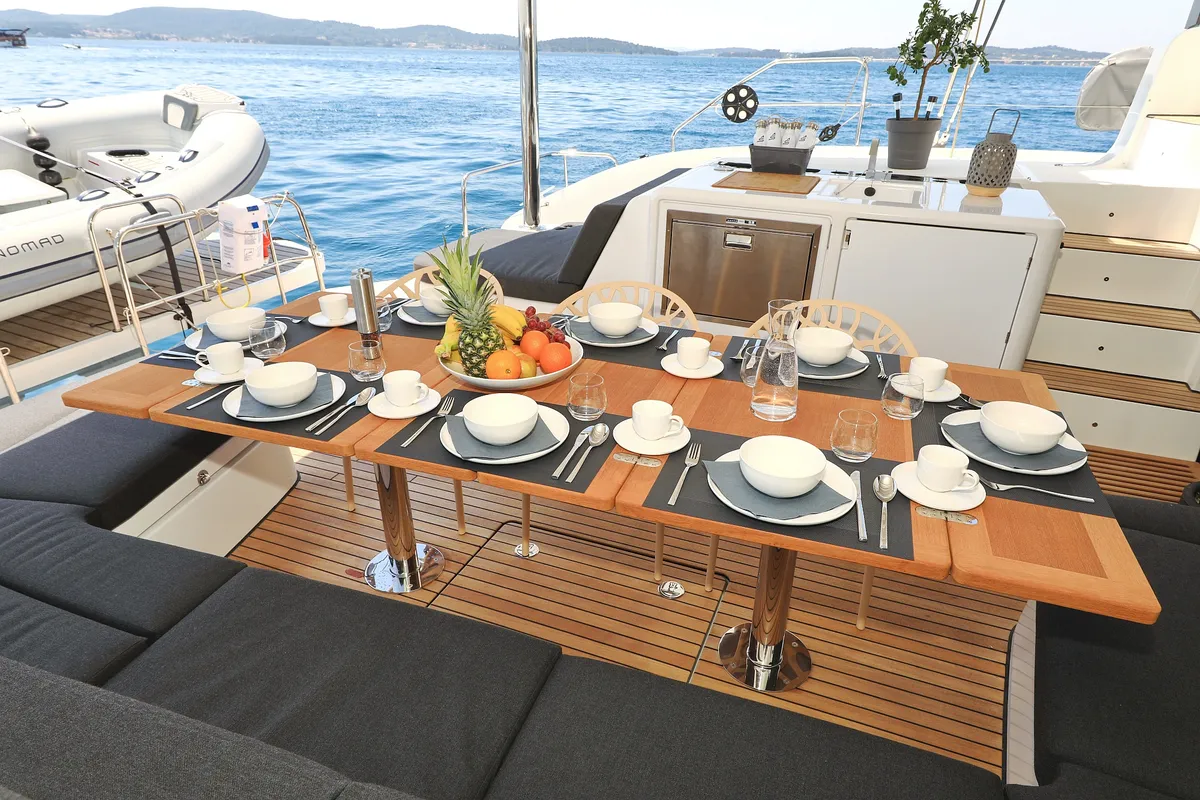 Deck of NOMAD, a Lagoon 55 catamaran at Split, Croatia