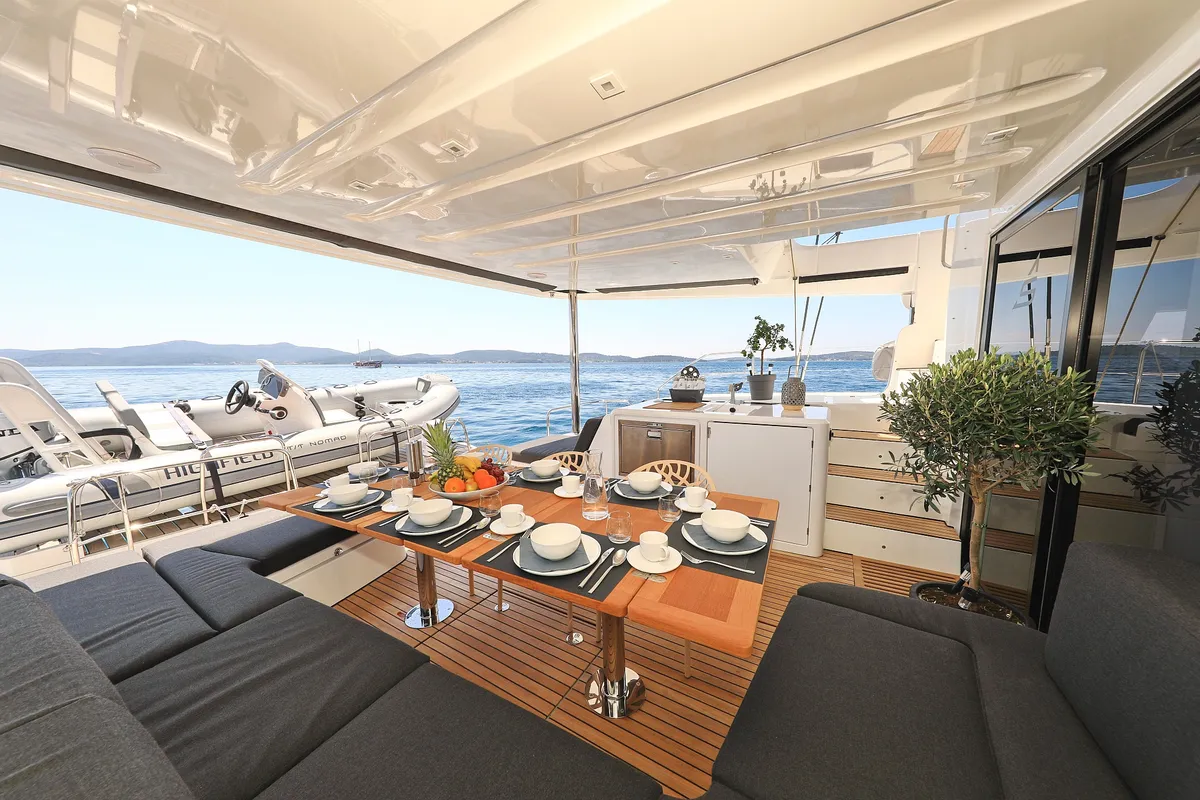 Deck of NOMAD, a Lagoon 55 catamaran at Split, Croatia