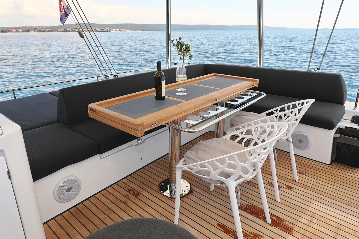 Deck of NOMAD, a Lagoon 55 catamaran at Split, Croatia