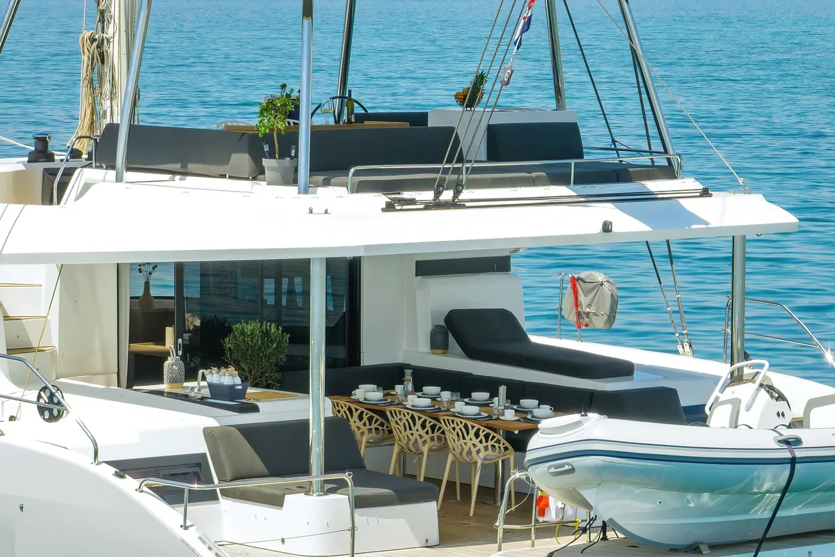 Deck of NOMAD, a Lagoon 55 catamaran at Split, Croatia