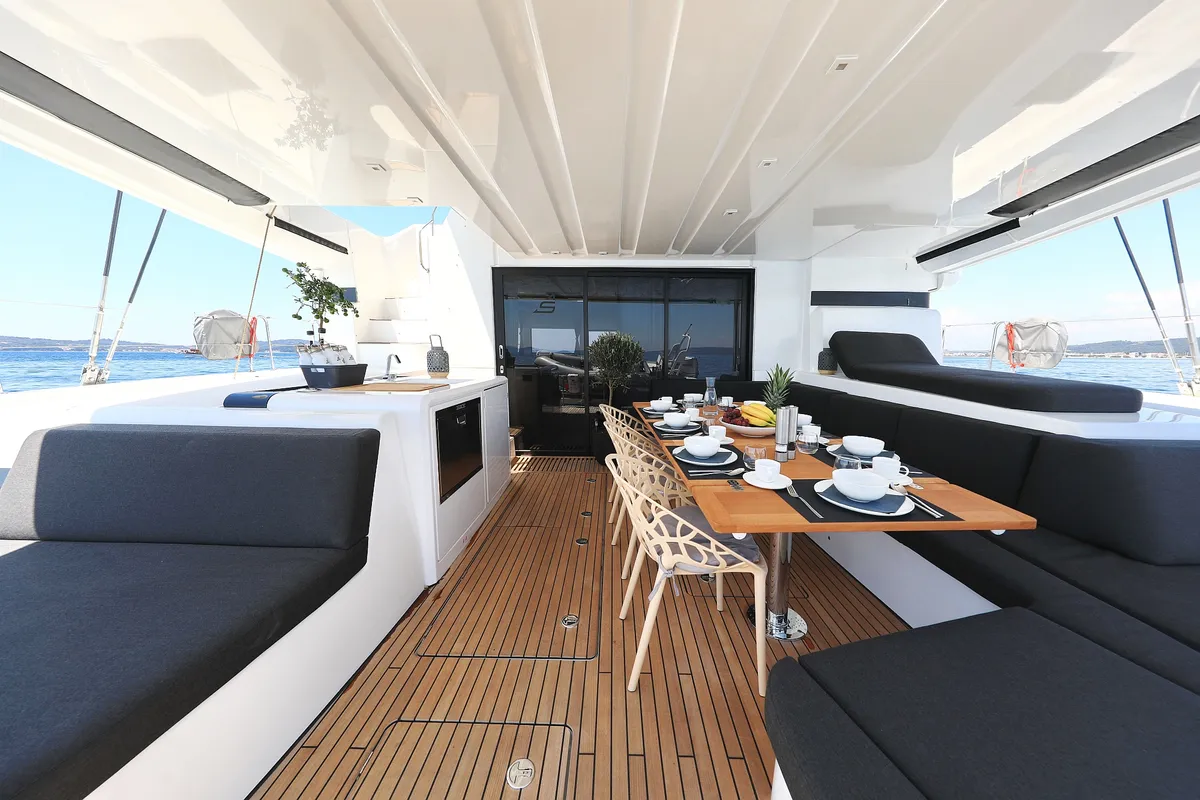 Deck of NOMAD, a Lagoon 55 catamaran at Split, Croatia