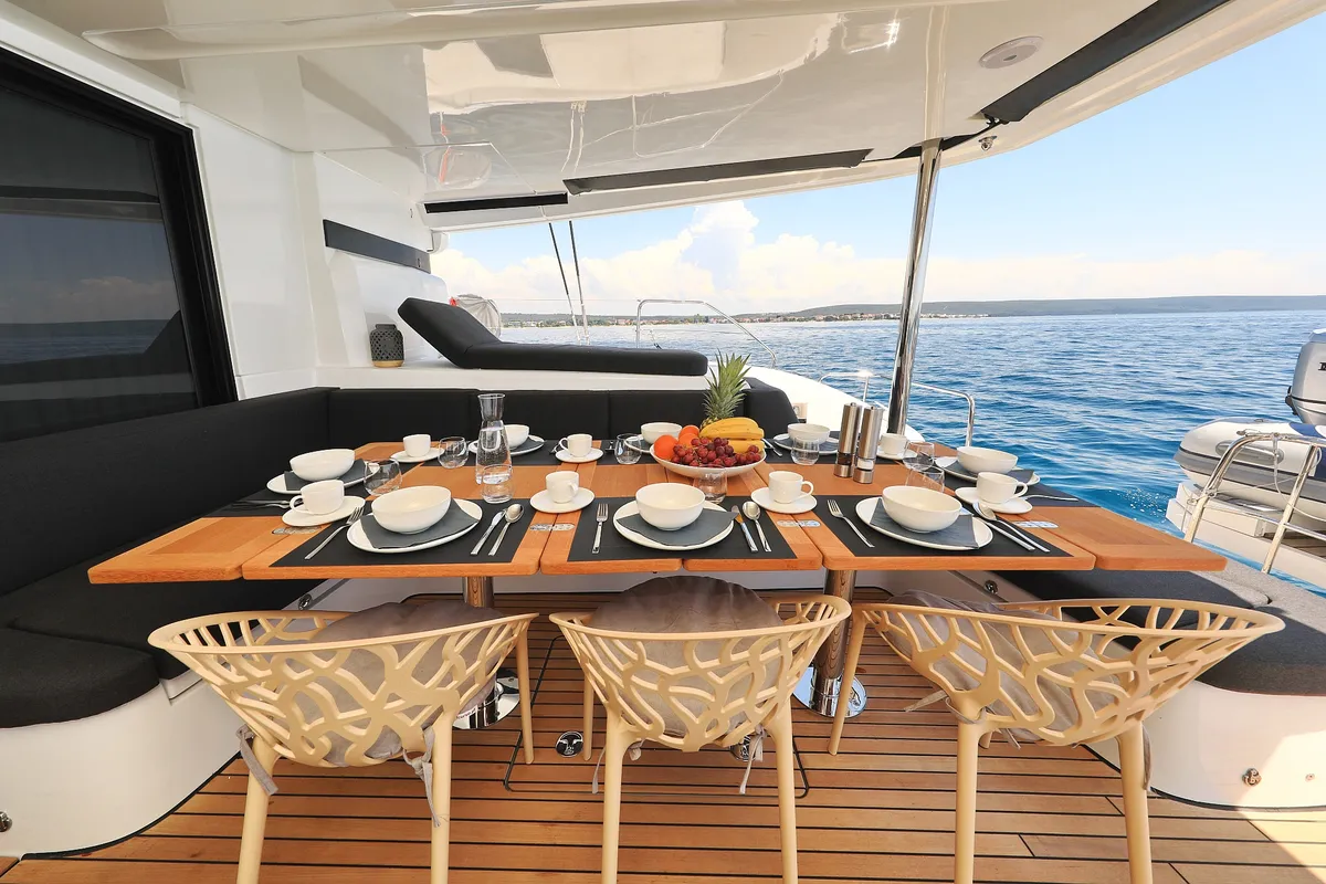 Deck of NOMAD, a Lagoon 55 catamaran at Split, Croatia