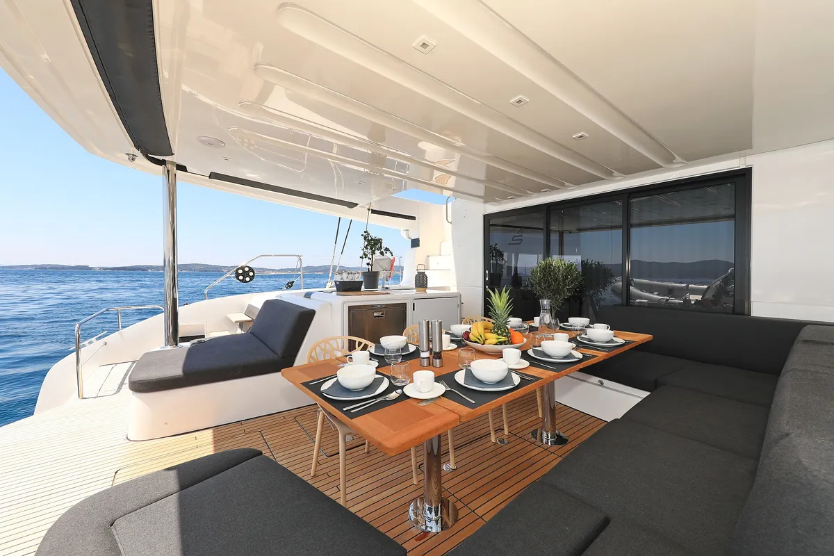 Deck of NOMAD, a Lagoon 55 catamaran at Split, Croatia