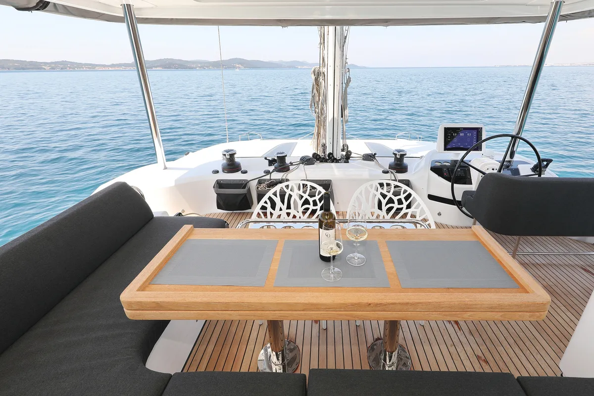 Cockpit of NOMAD, a Lagoon 55 catamaran at Split, Croatia