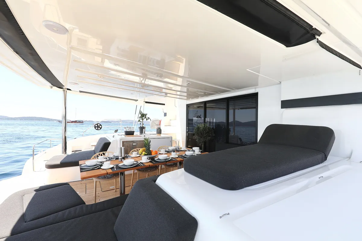 Deck of NOMAD, a Lagoon 55 catamaran at Split, Croatia