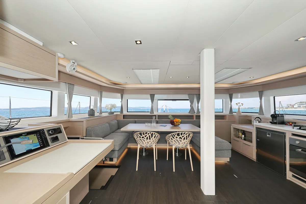 Salon of NOMAD, a Lagoon 55 catamaran at Split, Croatia