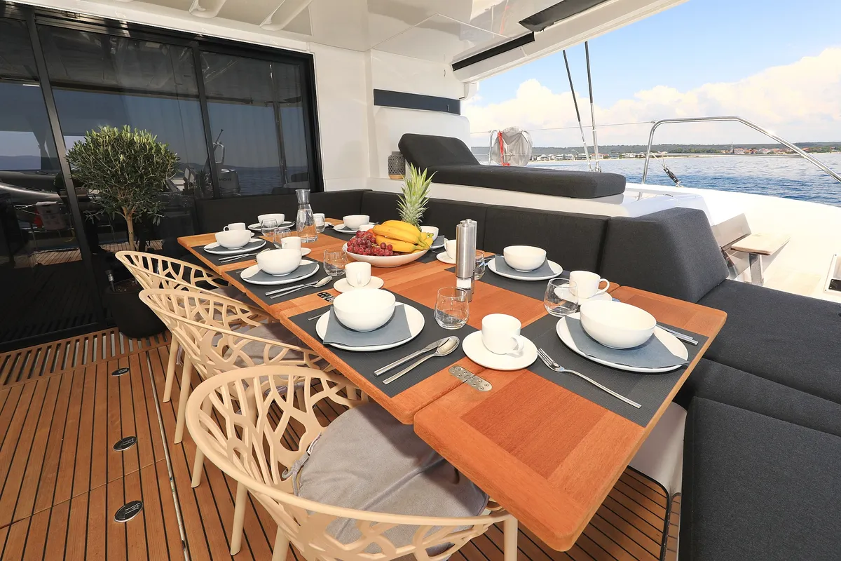 Deck of NOMAD, a Lagoon 55 catamaran at Split, Croatia
