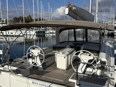 Cockpit of Blue Satellite, a Beneteau Oceanis 46.1 sailboat at Athens, Greece