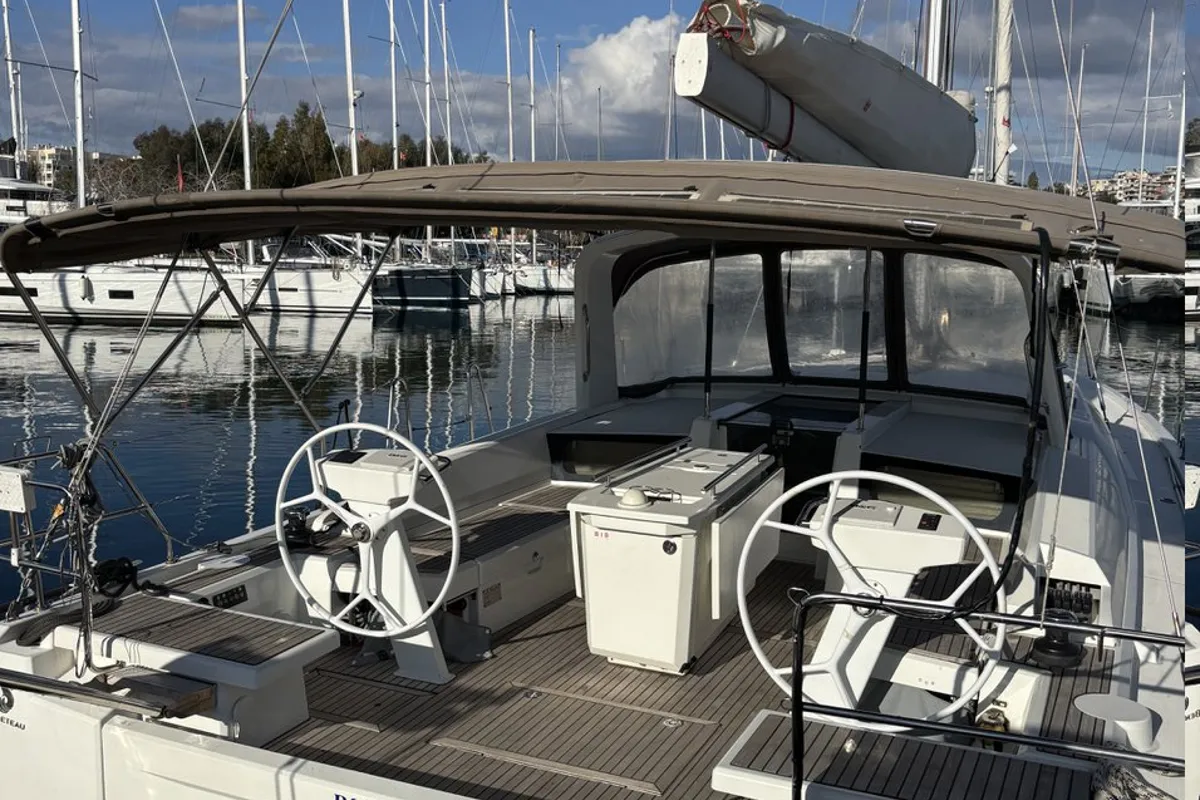 Cockpit of Blue Satellite, a Beneteau Oceanis 46.1 sailboat at Athens, Greece