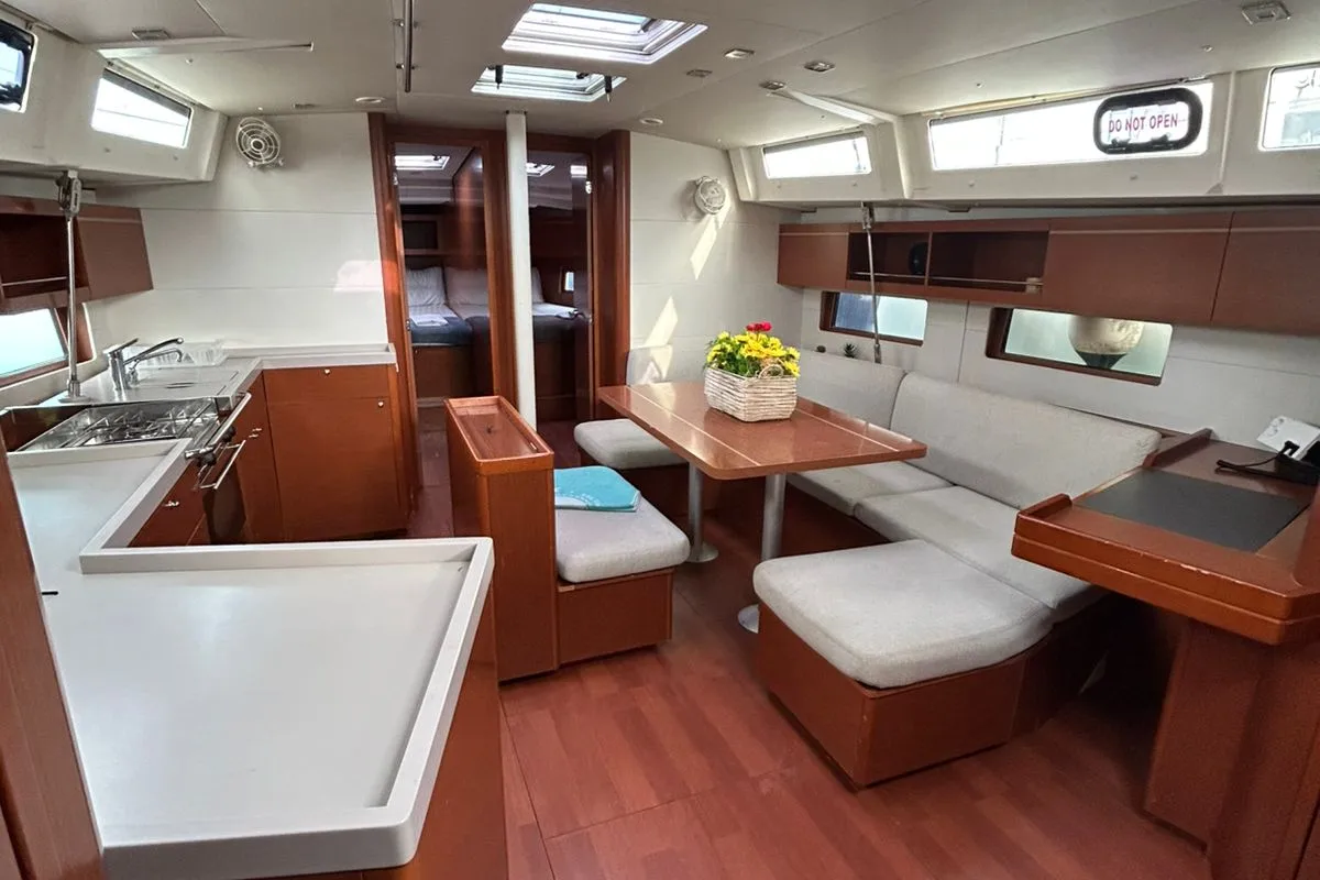 Salon of Blue Satellite, a Beneteau Oceanis 46.1 sailboat at Athens, Greece