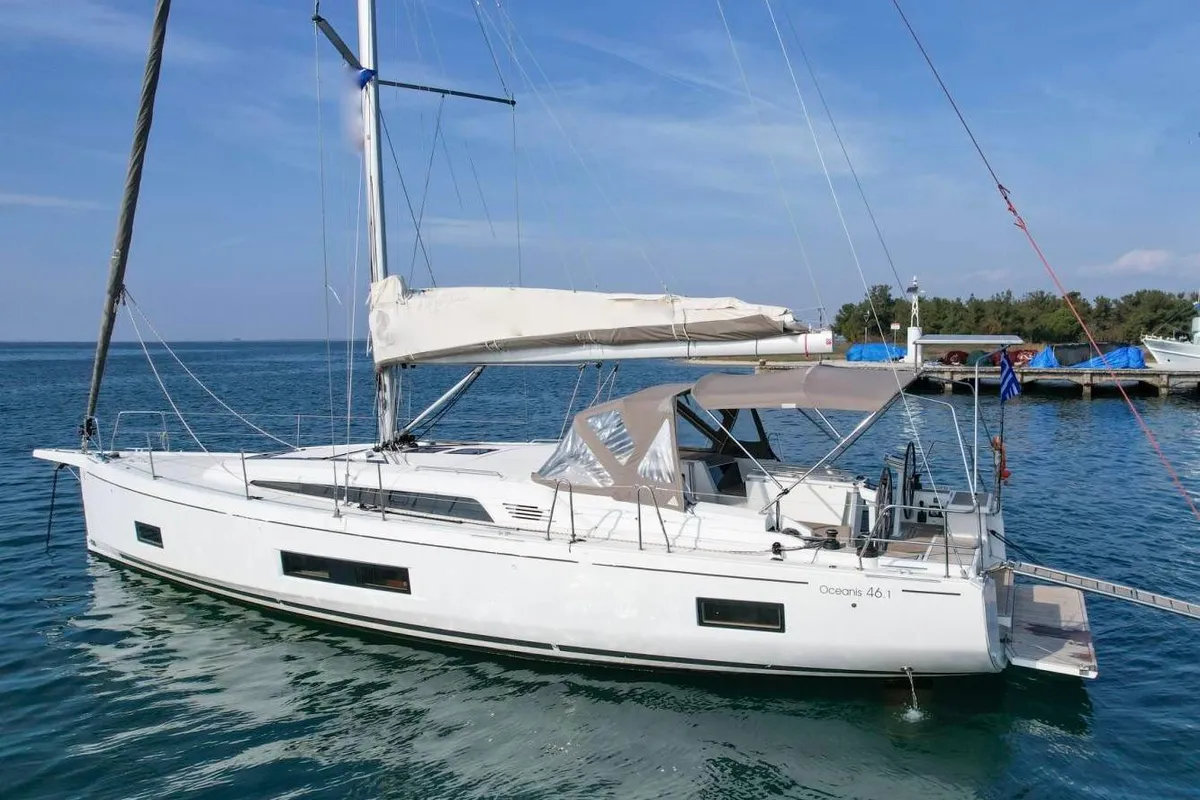Exterior view of Blue Satellite, a Beneteau Oceanis 46.1 sailboat at Athens, Greece