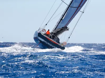 Mundus, a IMOCA 60 sailboat at Barcelona, Spain