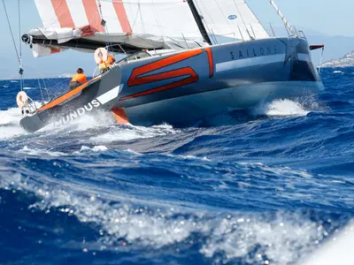 Mundus, a IMOCA 60 sailboat at Barcelona, Spain