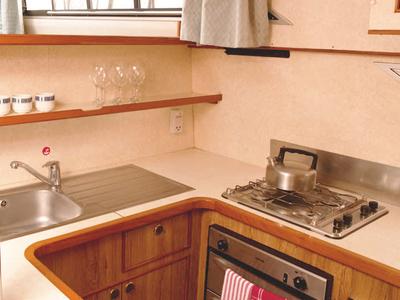 Galley of Cygnet Clipper, a motorboat at Vinkeveen, Netherlands