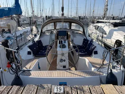 Cockpit of Claysea, a Bavaria Cruiser 33 sailboat at Heiligenhafen, Germany
