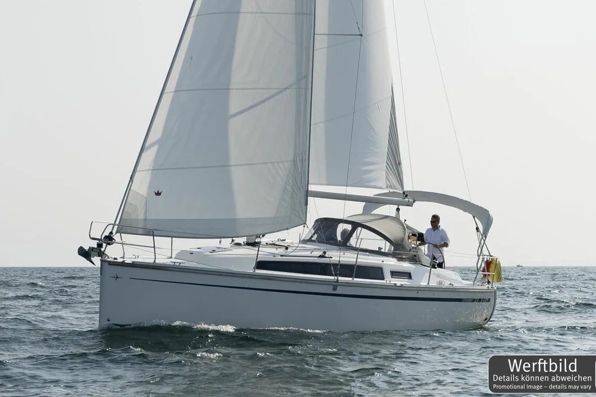 Exterior view of Claysea, a Bavaria Cruiser 33 sailboat at Heiligenhafen, Germany