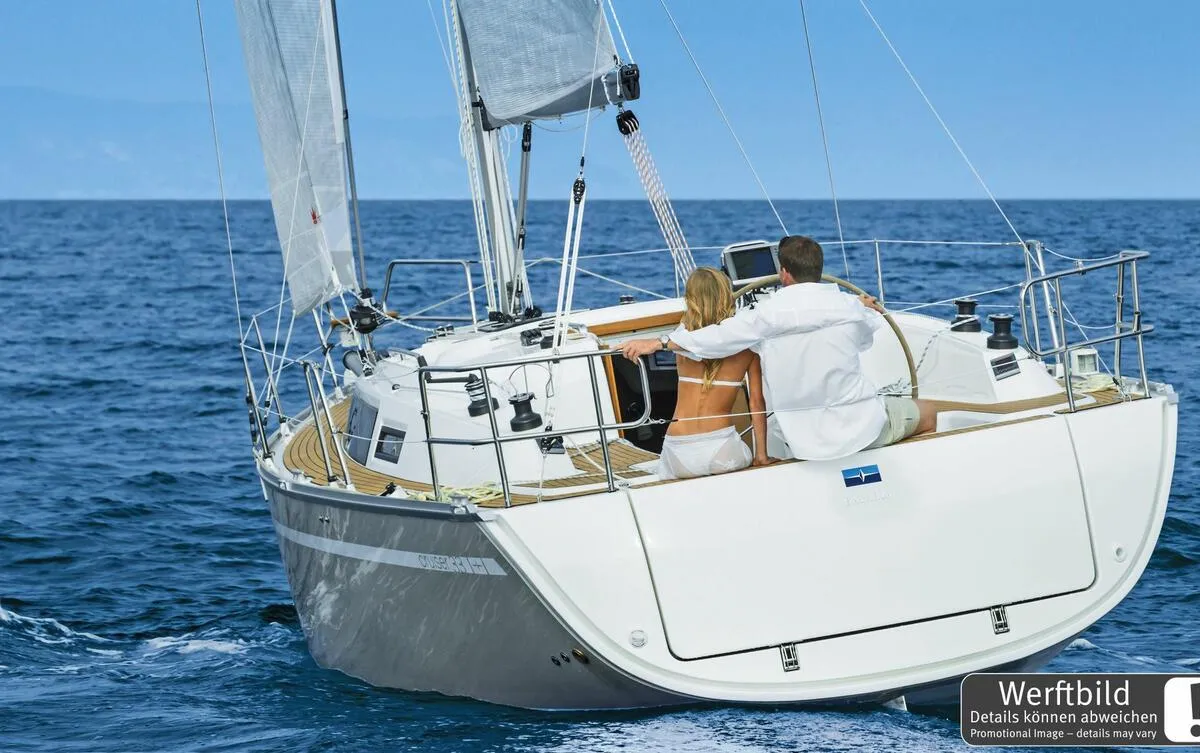 Exterior view of Claysea, a Bavaria Cruiser 33 sailboat at Heiligenhafen, Germany
