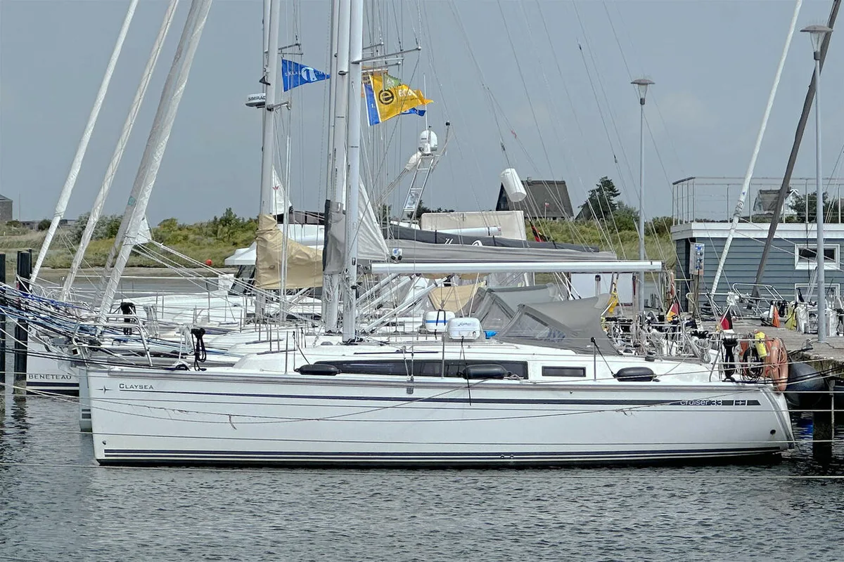 Exterior view of Claysea, a Bavaria Cruiser 33 sailboat at Heiligenhafen, Germany