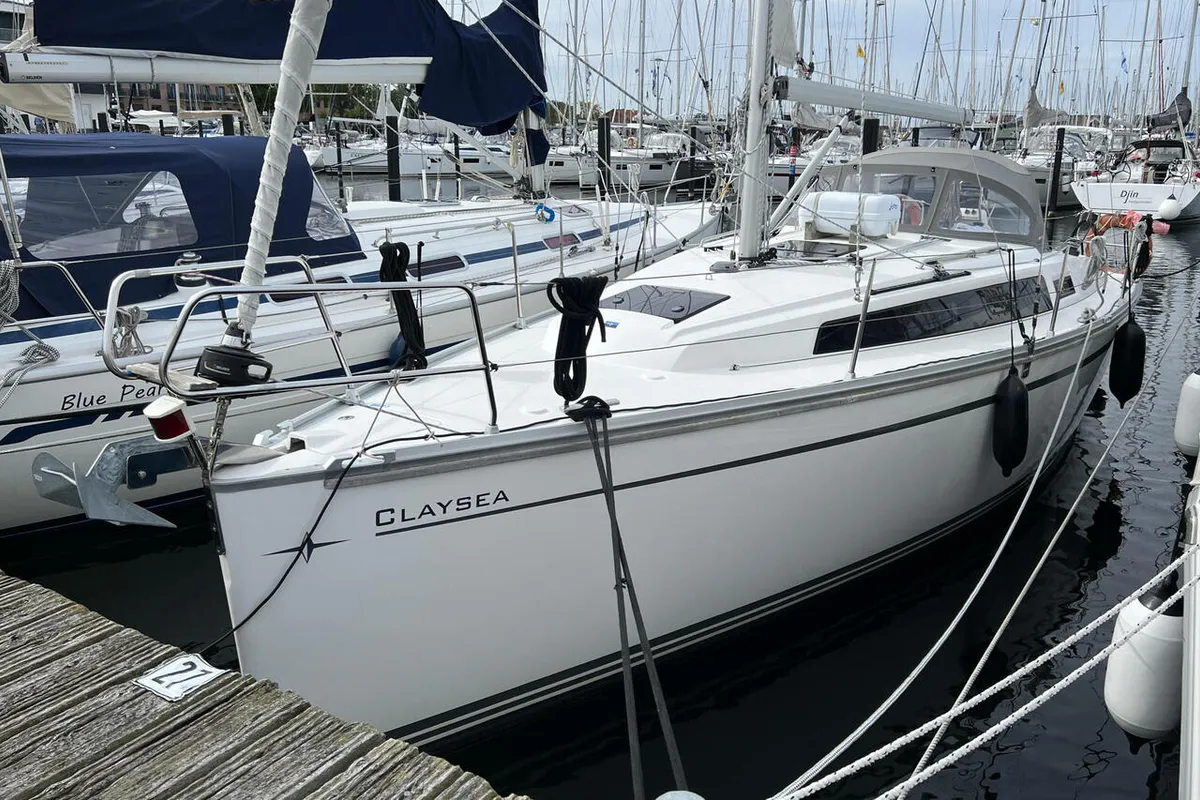 Exterior view of Claysea, a Bavaria Cruiser 33 sailboat at Heiligenhafen, Germany