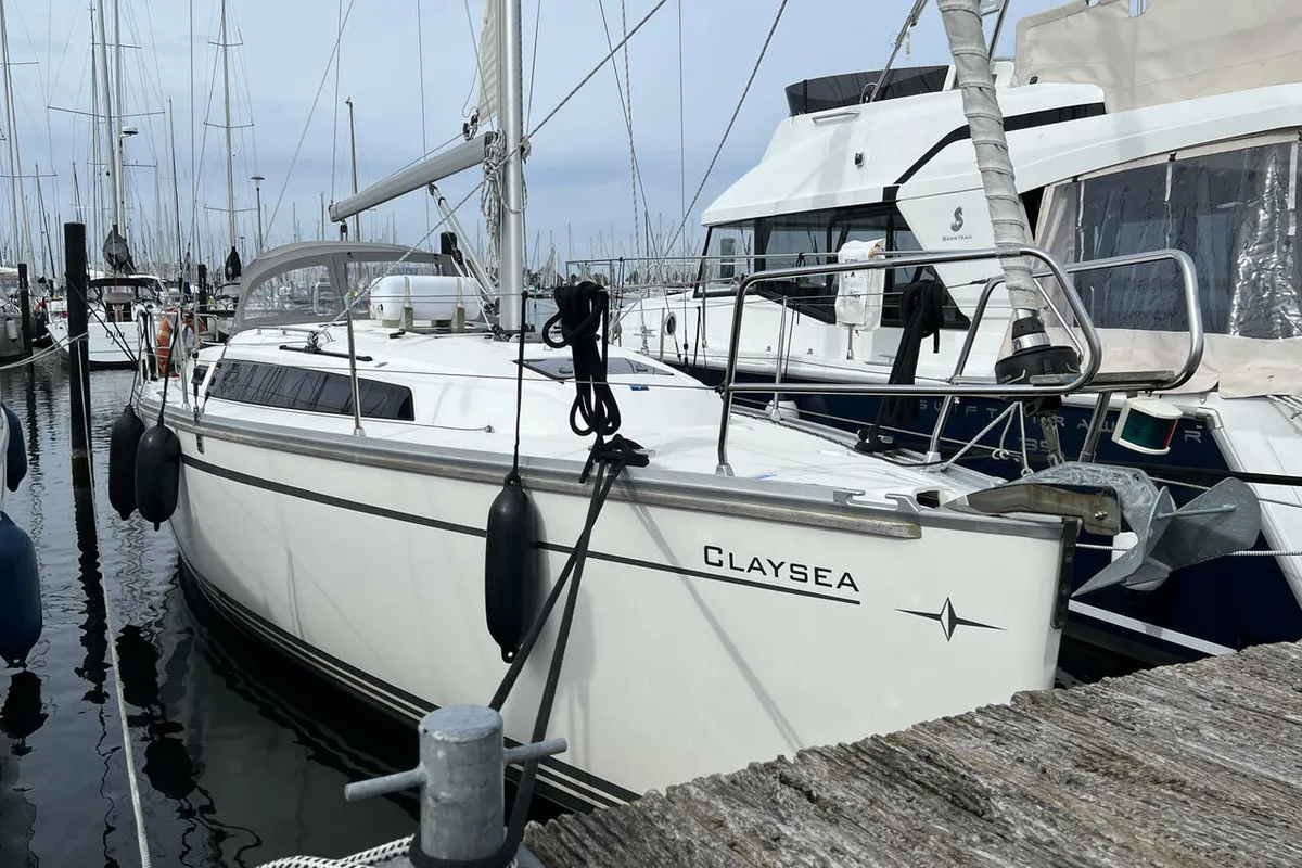 Exterior view of Claysea, a Bavaria Cruiser 33 sailboat at Heiligenhafen, Germany
