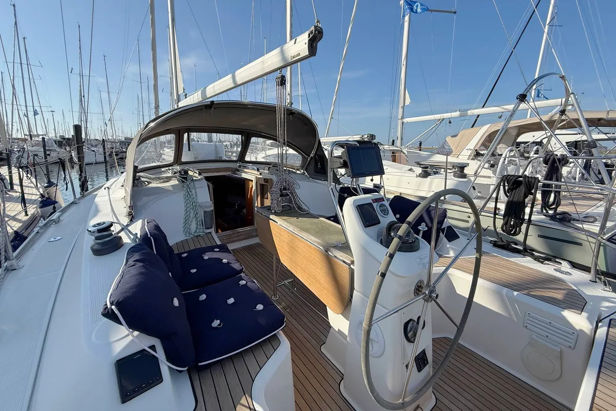 Cockpit of Claysea, a Bavaria Cruiser 33 sailboat at Heiligenhafen, Germany