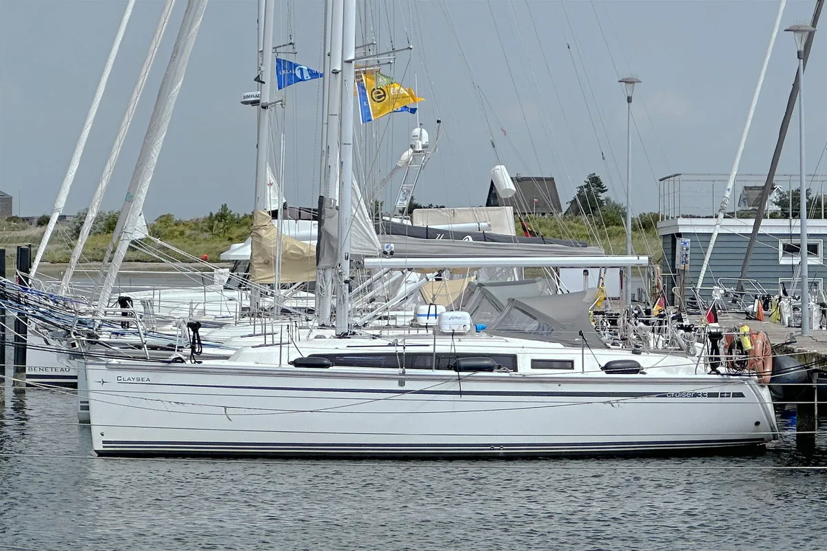 Exterior view of Claysea, a Bavaria Cruiser 33 sailboat at Heiligenhafen, Germany