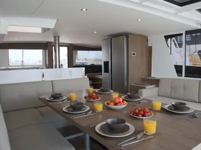 Salon of ALINA II, a Bali 4.6 catamaran at Preveza, Greece
