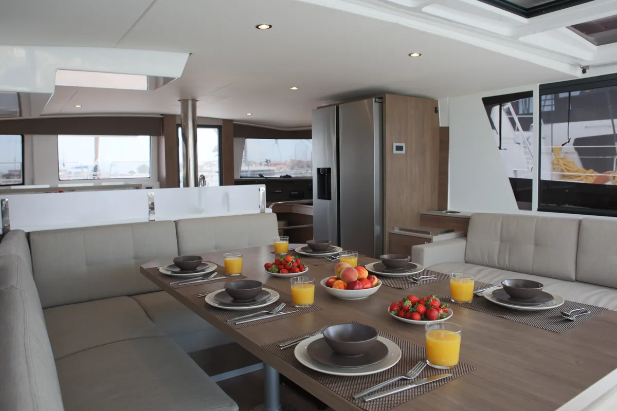 Salon of ALINA II, a Bali 4.6 catamaran at Preveza, Greece