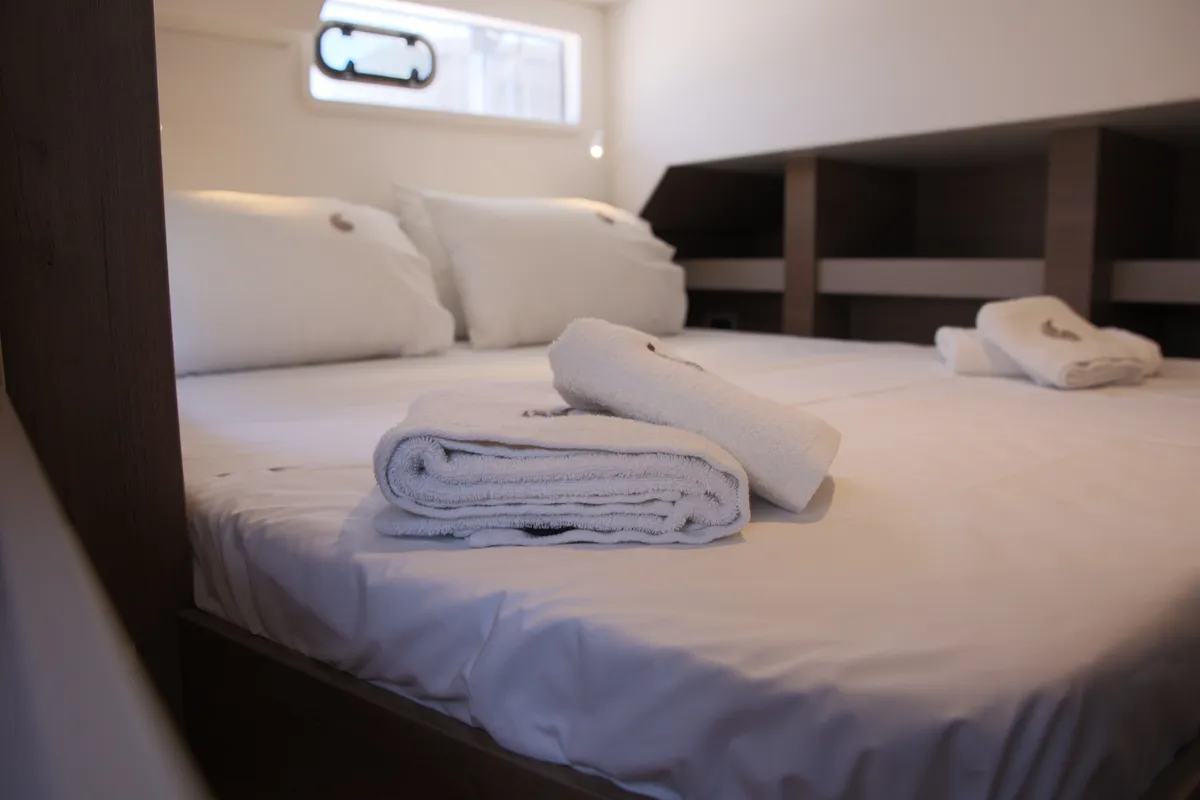 Cabin on ALINA II, a Bali 4.6 catamaran at Preveza, Greece