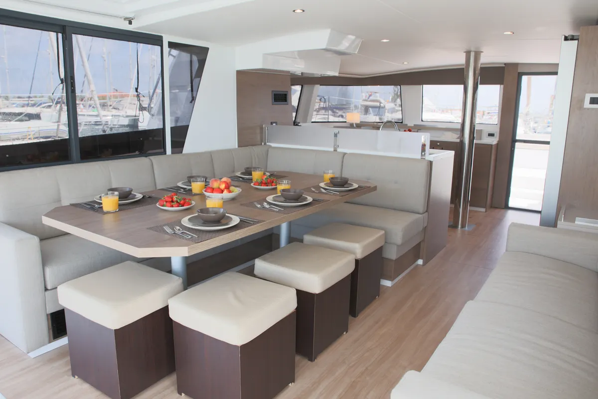 Salon of ALINA II, a Bali 4.6 catamaran at Preveza, Greece