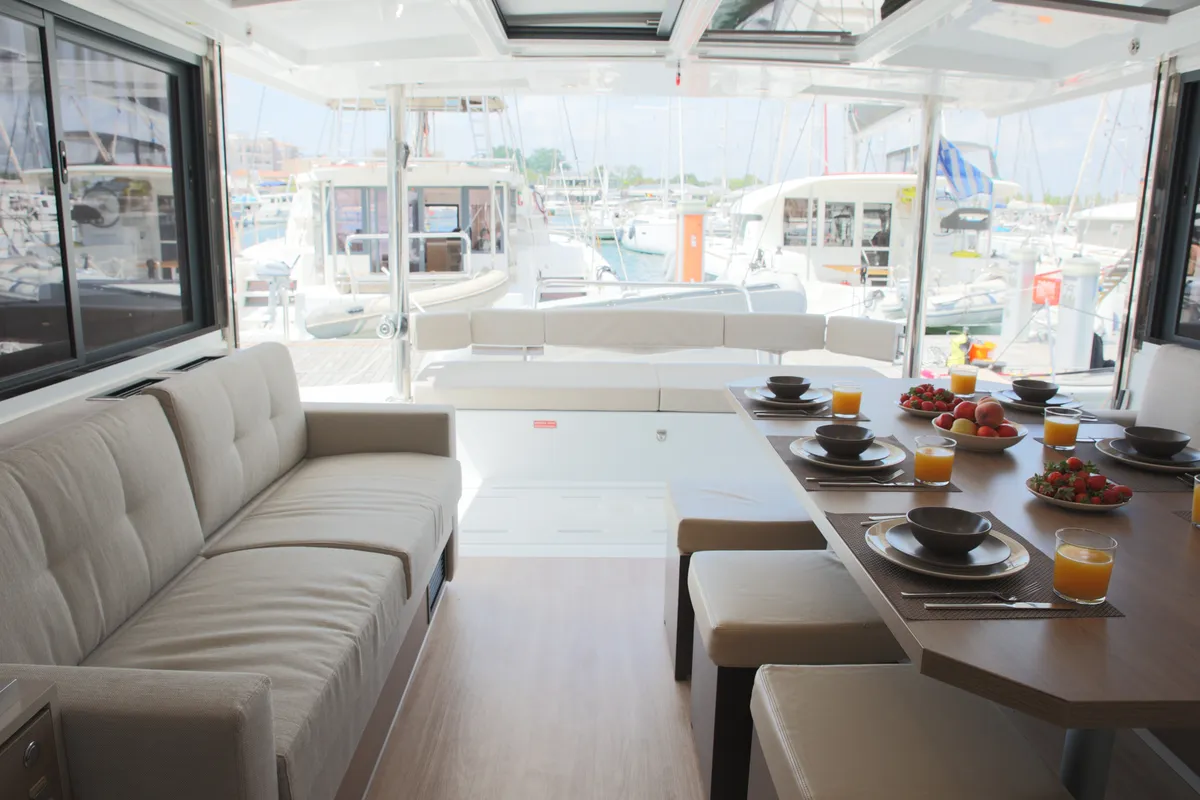 Salon of ALINA II, a Bali 4.6 catamaran at Preveza, Greece
