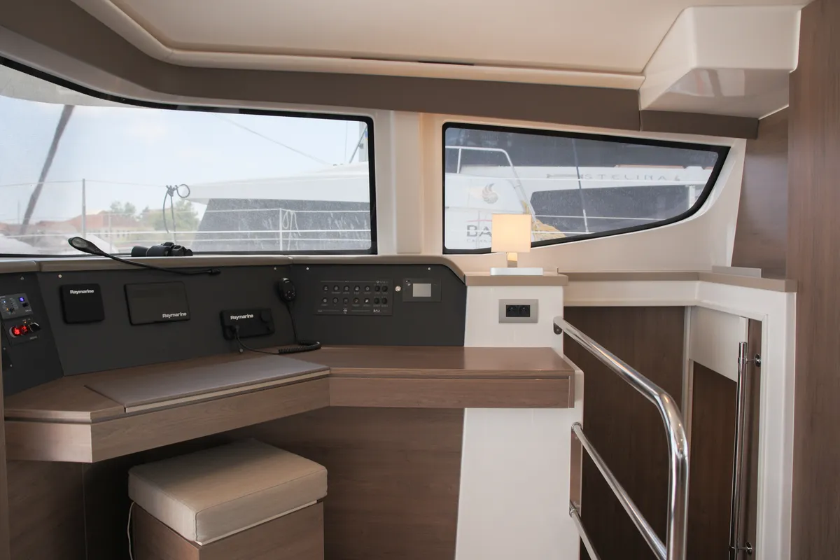 Cockpit of ALINA II, a Bali 4.6 catamaran at Preveza, Greece