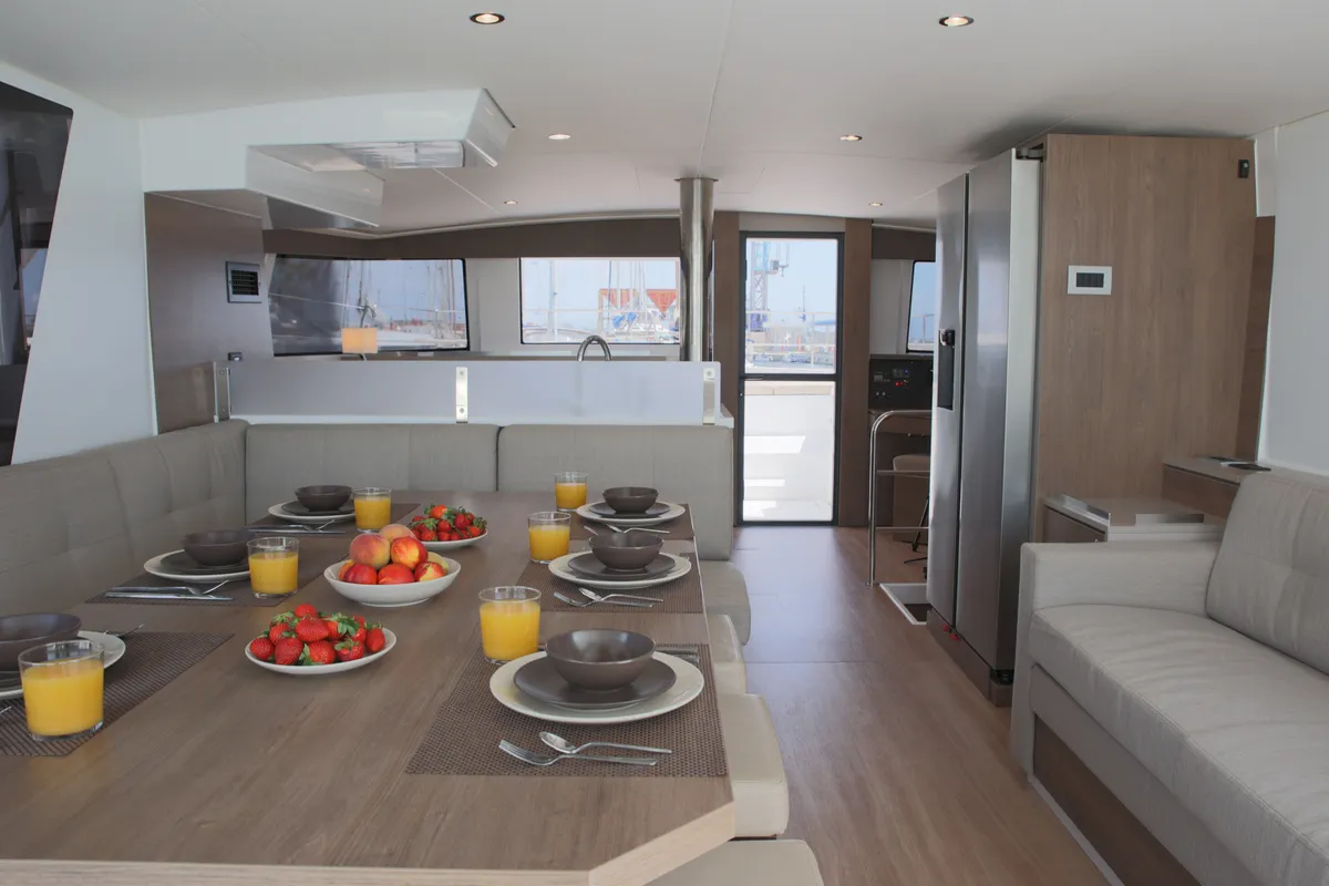 Salon of ALINA II, a Bali 4.6 catamaran at Preveza, Greece