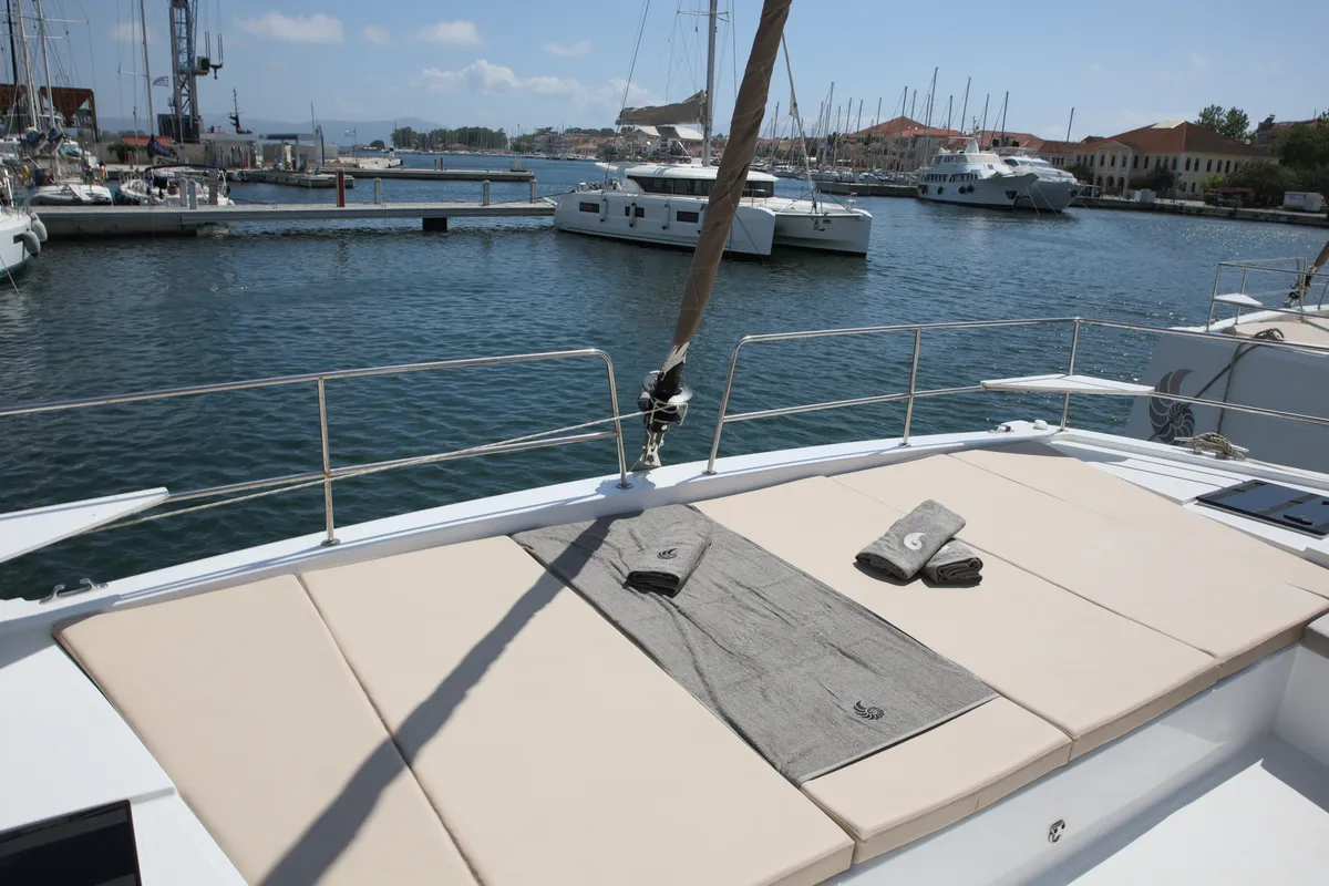 Deck of ALINA II, a Bali 4.6 catamaran at Preveza, Greece