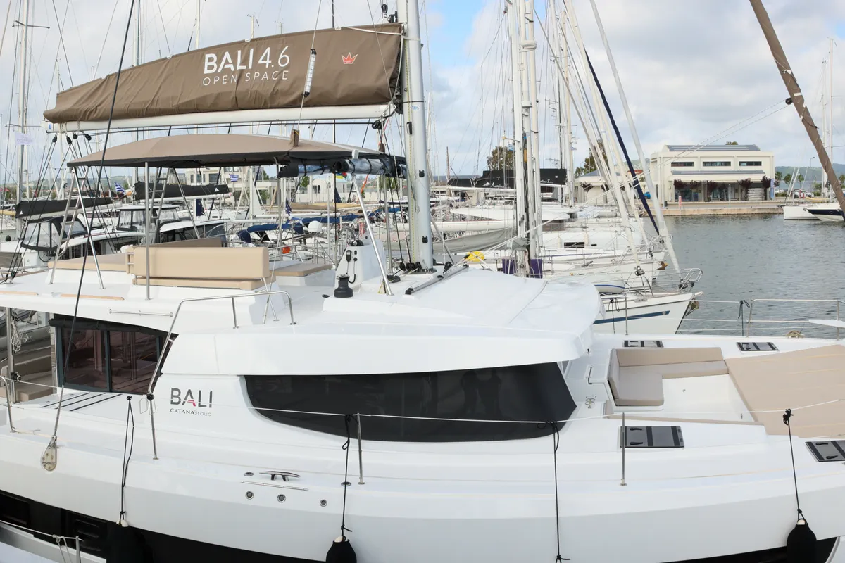 Exterior view of ALINA II, a Bali 4.6 catamaran at Preveza, Greece