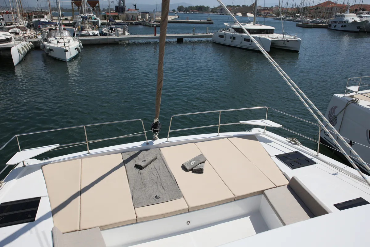 Deck of ALINA II, a Bali 4.6 catamaran at Preveza, Greece