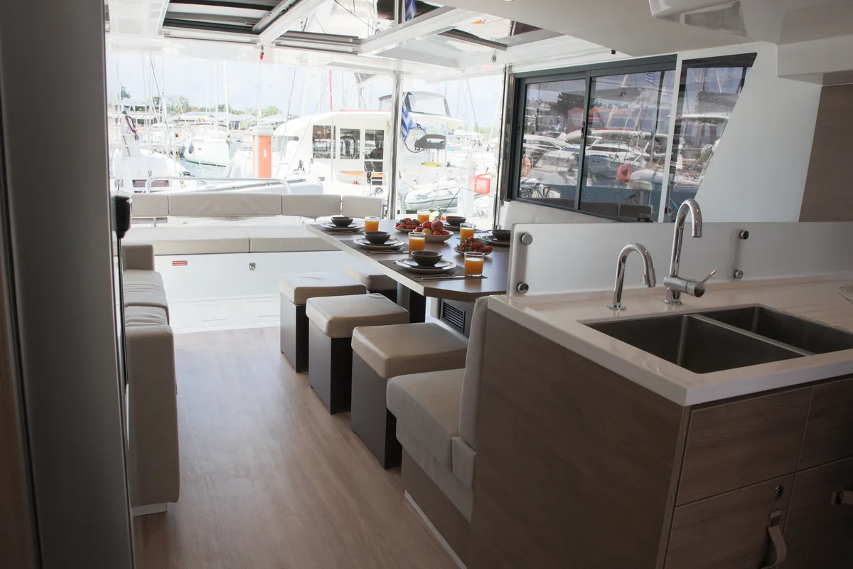 Head on ALINA II, a Bali 4.6 catamaran at Preveza, Greece