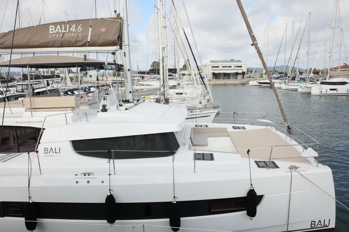 Exterior view of ALINA II, a Bali 4.6 catamaran at Preveza, Greece