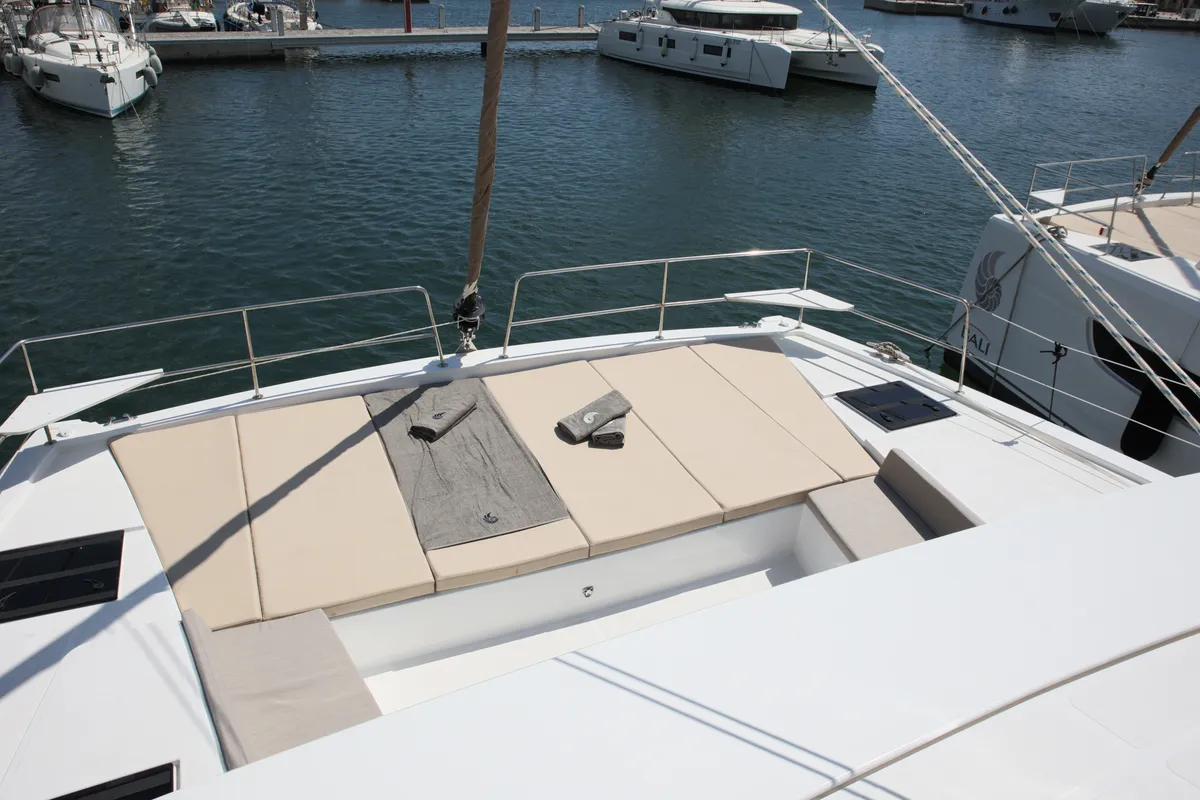 Deck of ALINA II, a Bali 4.6 catamaran at Preveza, Greece