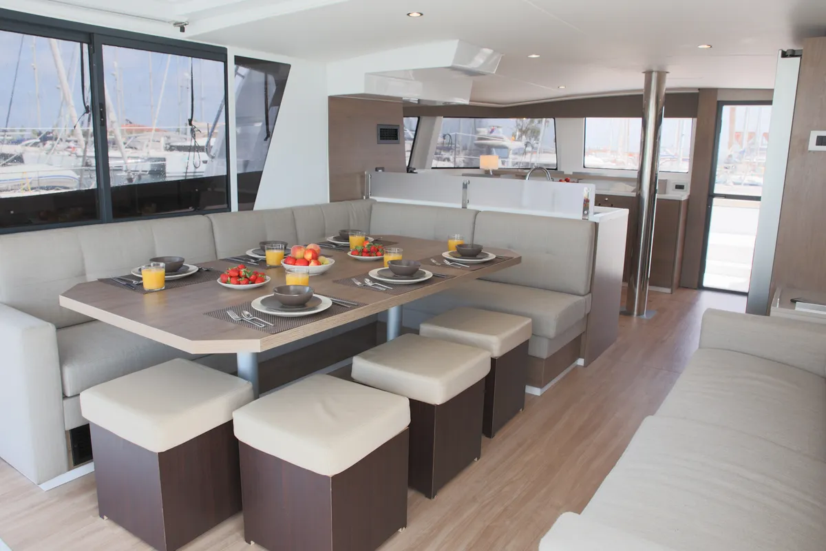 Salon of ALINA II, a Bali 4.6 catamaran at Preveza, Greece
