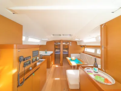 Salon of Funsea, a Jeanneau Sun Odyssey 490 sailboat at Kontokali, Greece