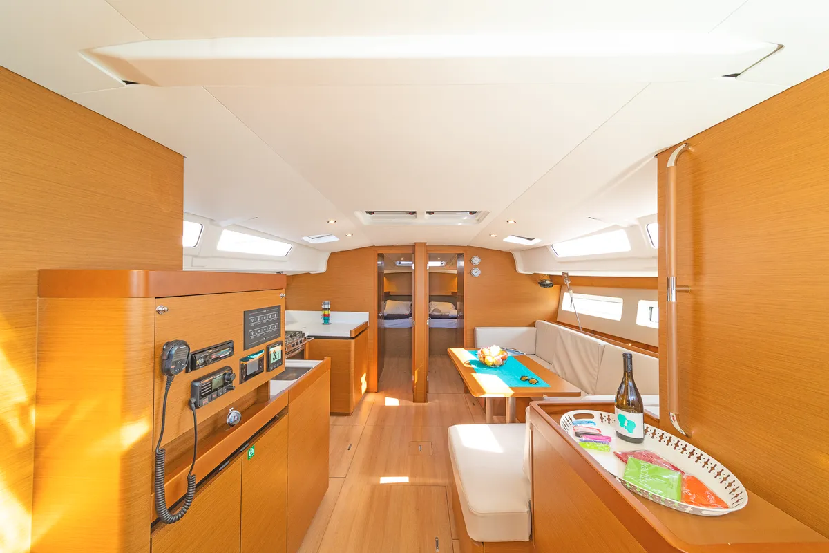 Salon of Funsea, a Jeanneau Sun Odyssey 490 sailboat at Kontokali, Greece