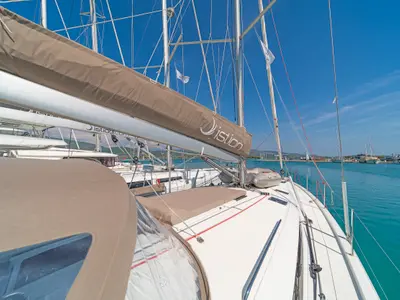 Deck of Funsea, a Jeanneau Sun Odyssey 490 sailboat at Kontokali, Greece