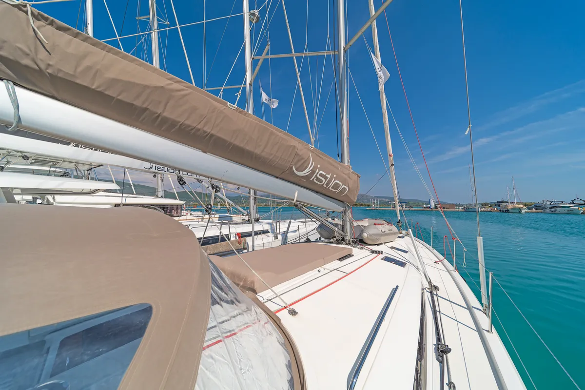 Deck of Funsea, a Jeanneau Sun Odyssey 490 sailboat at Kontokali, Greece