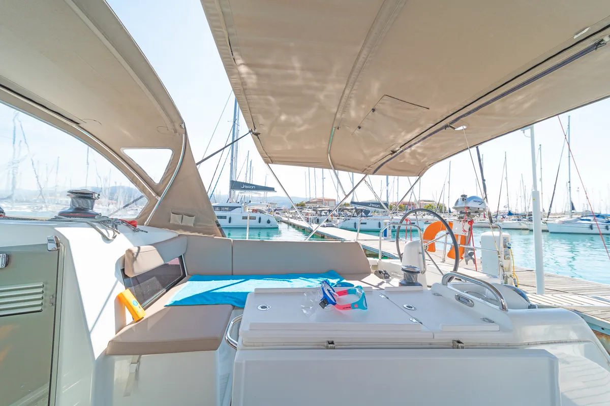 Cockpit of Funsea, a Jeanneau Sun Odyssey 490 sailboat at Kontokali, Greece