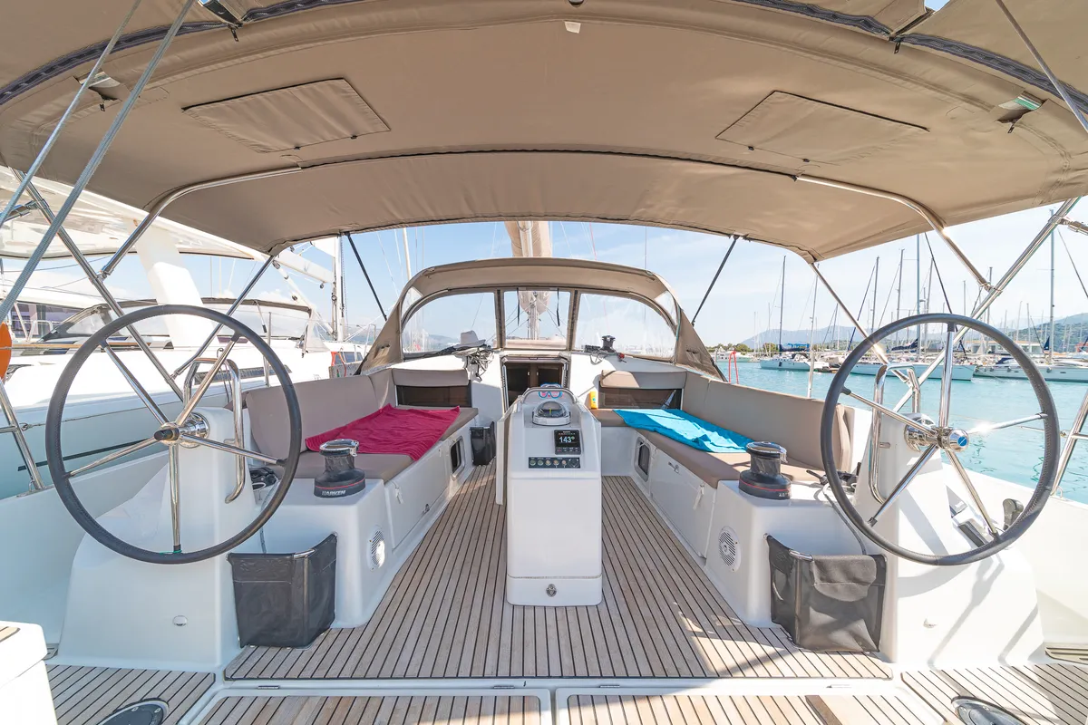 Cockpit of Funsea, a Jeanneau Sun Odyssey 490 sailboat at Kontokali, Greece