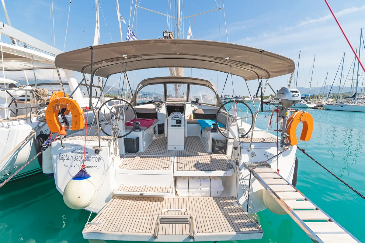 Exterior view of Funsea, a Jeanneau Sun Odyssey 490 sailboat at Kontokali, Greece